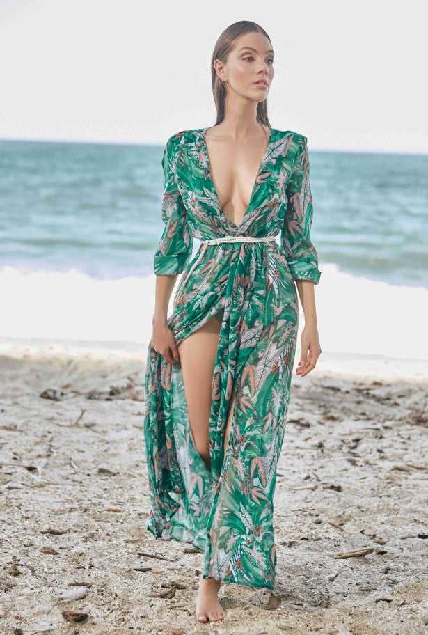 Tropical Long Sleeve Cover Up with Belt