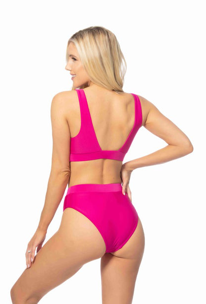 Fuchsia Solid V Front High Waist Banded Bikini