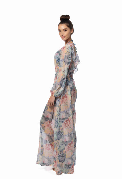 Floral Long Sleeve Ruffle Back Cover Up