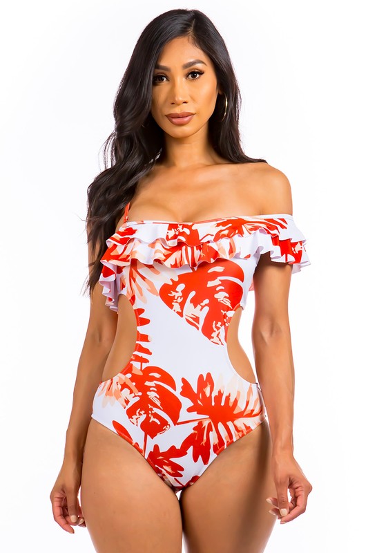 Tropical Print Open Side Ruffled Shoulder One Piece