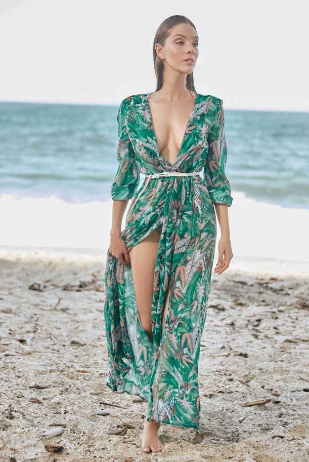 Tropical Long Sleeve Cover Up with Belt