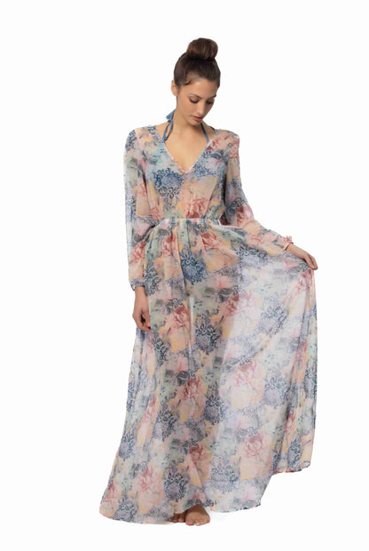 Floral Long Sleeve Ruffle Back Cover Up